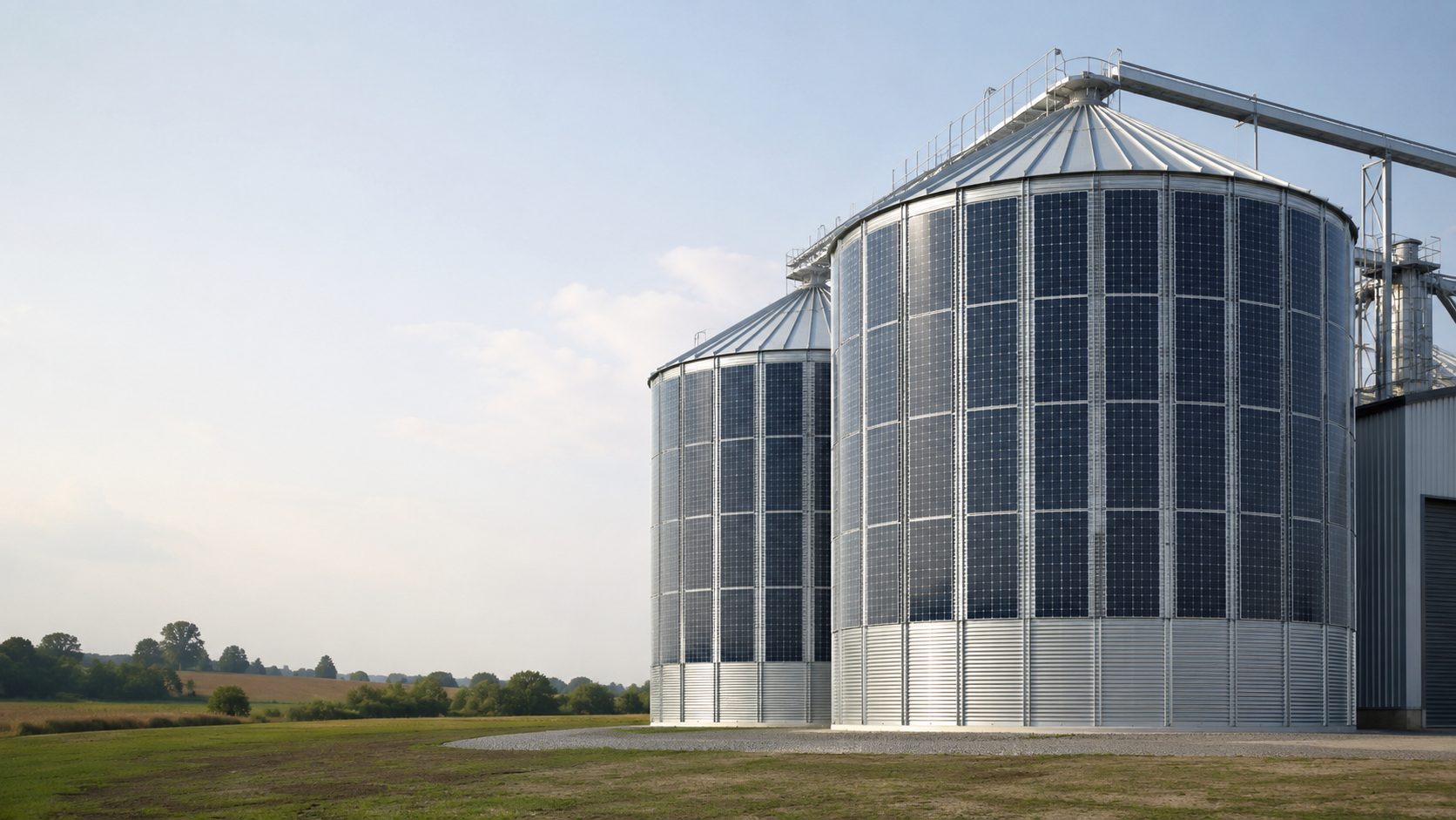 Zwei Getreidesilos, deren zylindrische Mantelflächen vollständig mit Photovoltaik-Modulen belegt sind, auf einem Agrarbetrieb